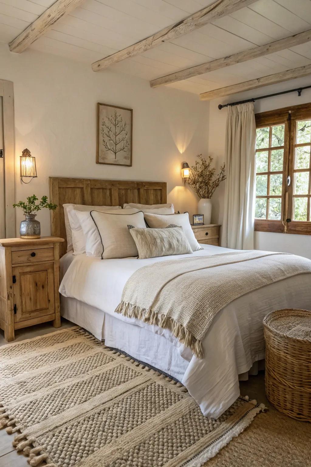 Subdued hues produce a peaceful and relaxing farmhouse bedroom.