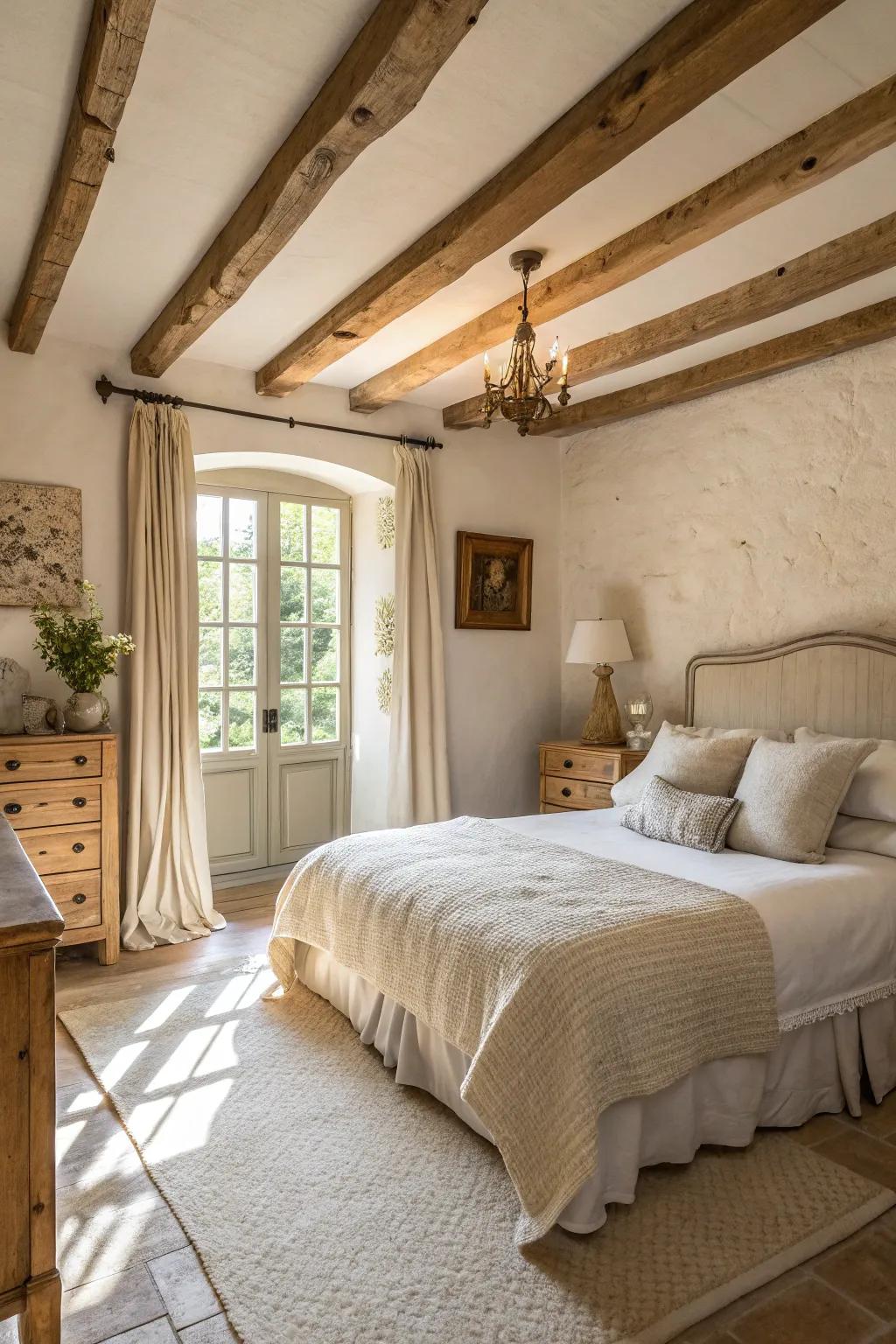 A sunlit and spacious farmhouse bedroom showcasing a calming muted palette.