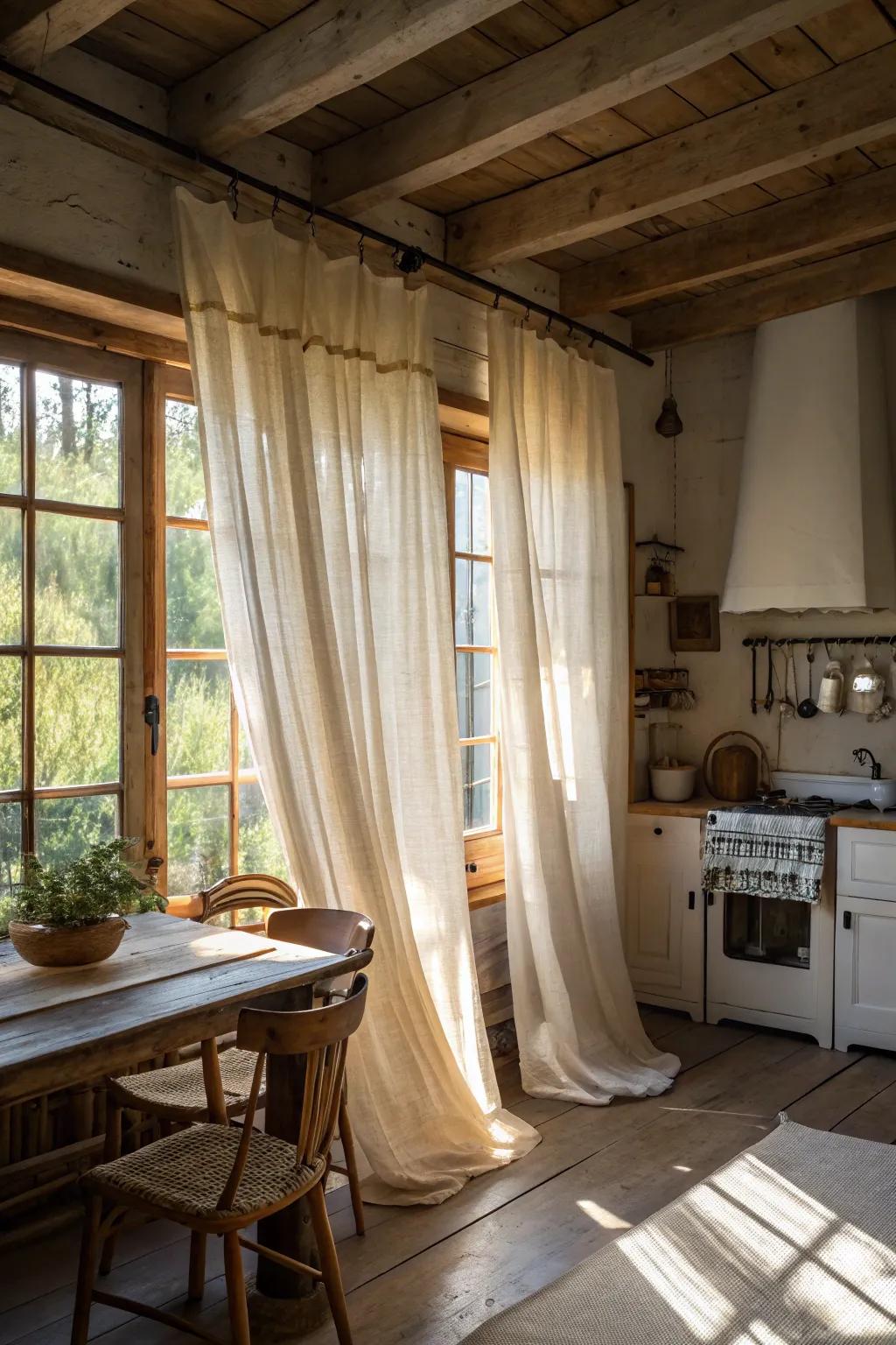 Linen curtains softly filtering sunlight in a charming farmhouse kitchen.