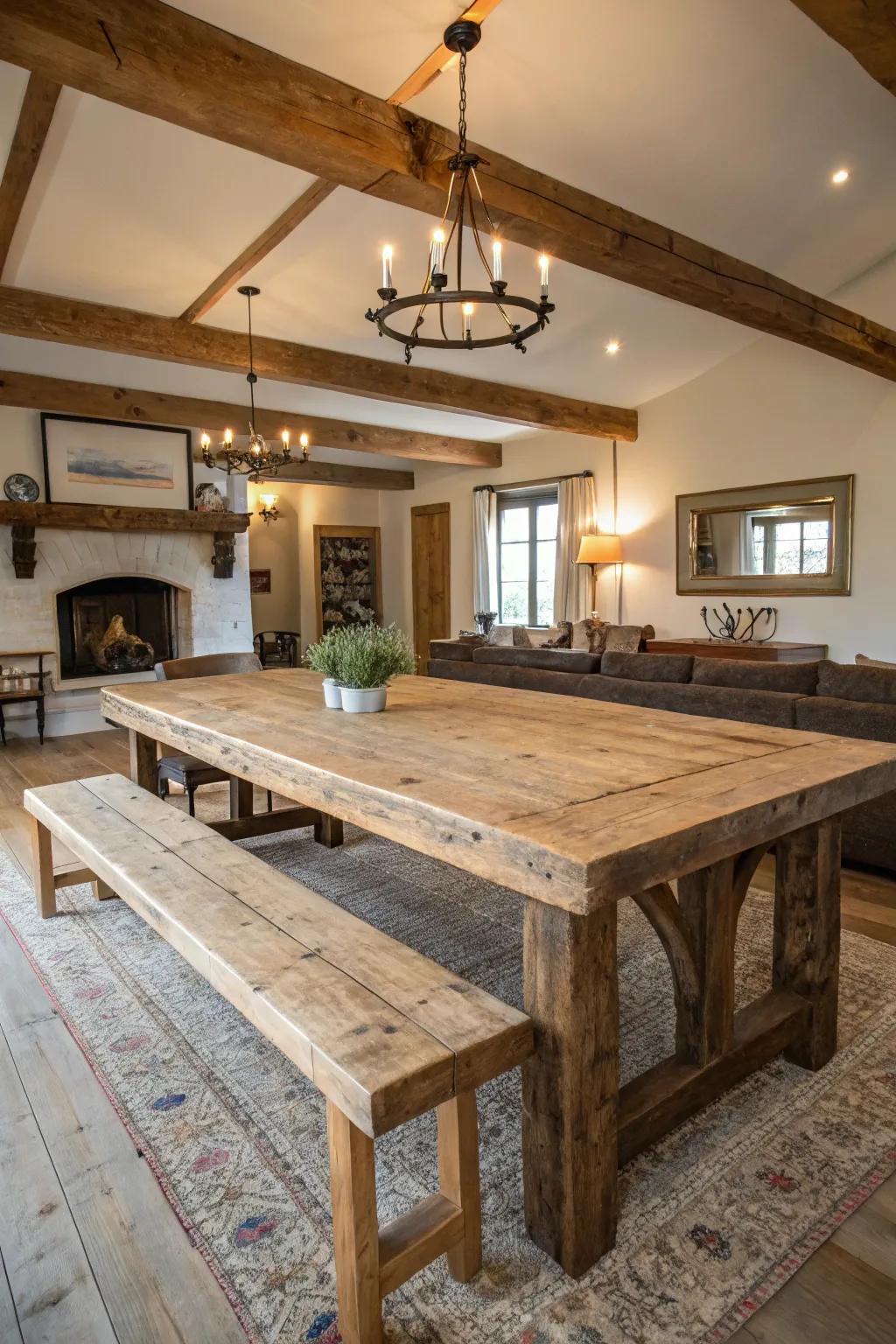 A renewed timber table secures this farmhouse dining space with countryside charm.