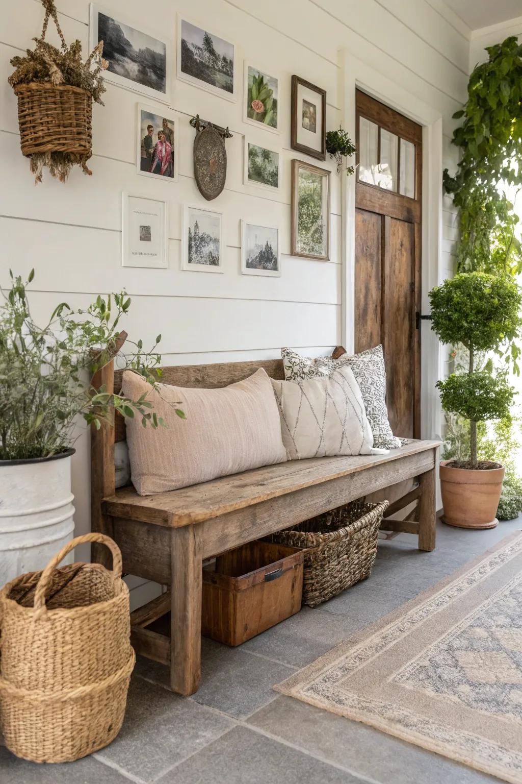 A homespun reclaimed wood bench in a farmhouse entrance radiates coziness.