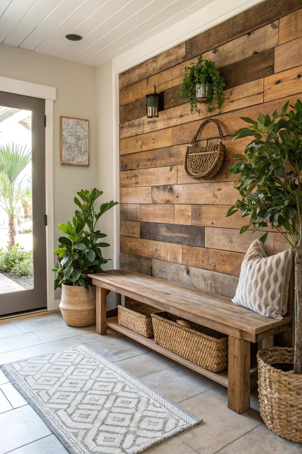 An enchantingly welcoming entryway, showcasing a bench crafted from reclaimed wood.