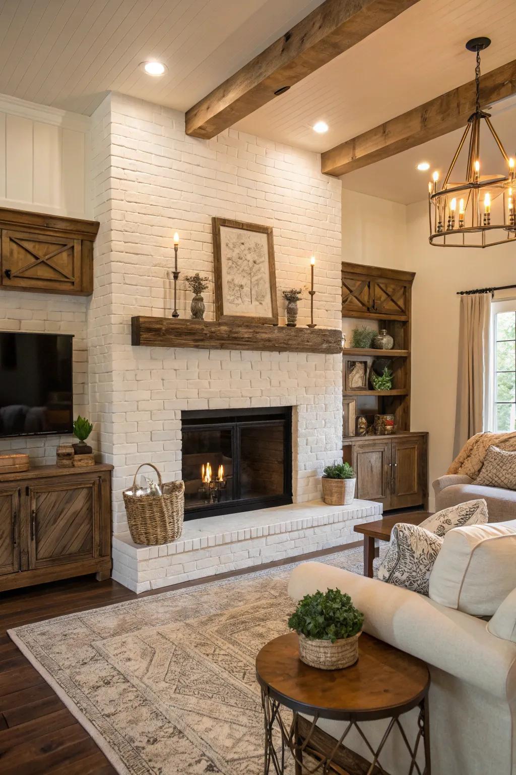 A timeless ivory stone fireplace enhanced by weathered wood accents.