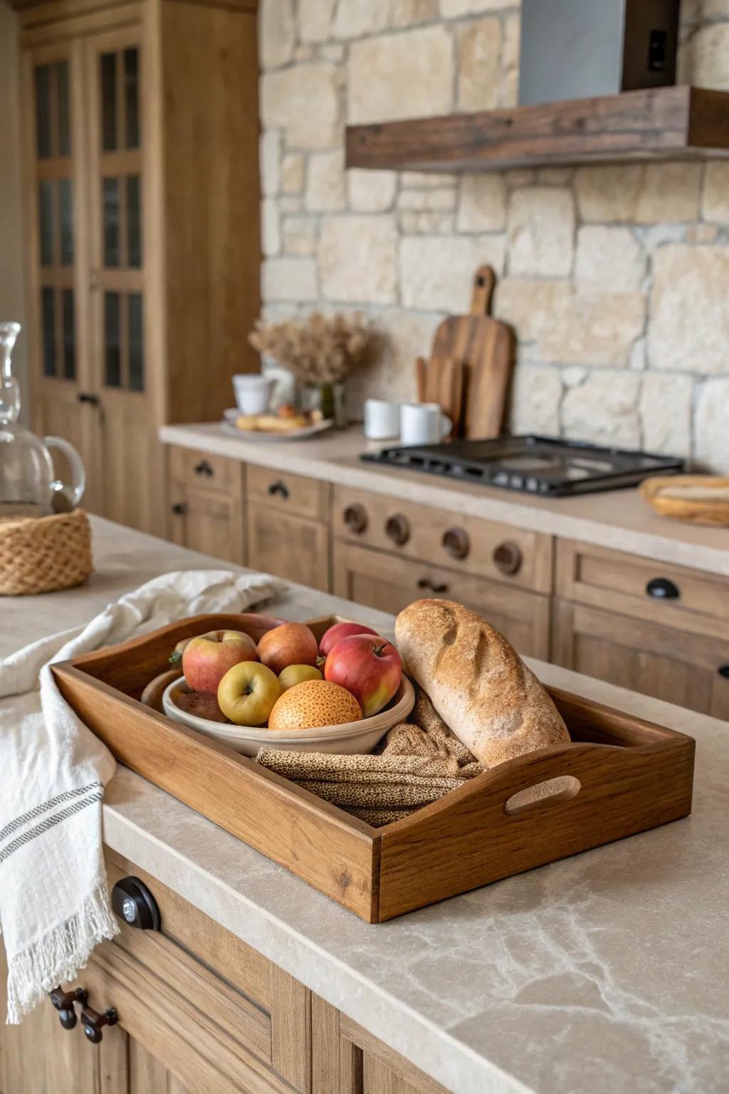 A timber board tastefully arranging essential kitchen items on a farmhouse counter.