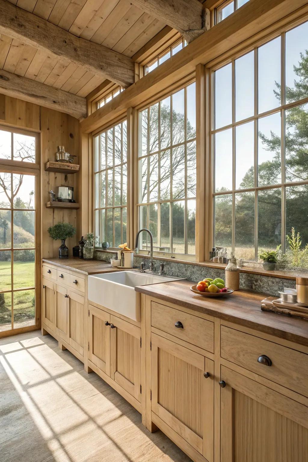 A country-style cooking area aglow with sunlight courtesy of sizable panes and pale timber fittings.