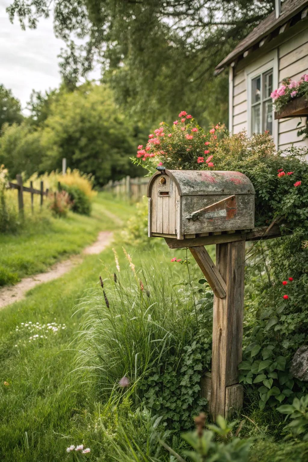 A classic wooden mailbox, showing off a weathered patina, stands magnificently among vibrant foliage.