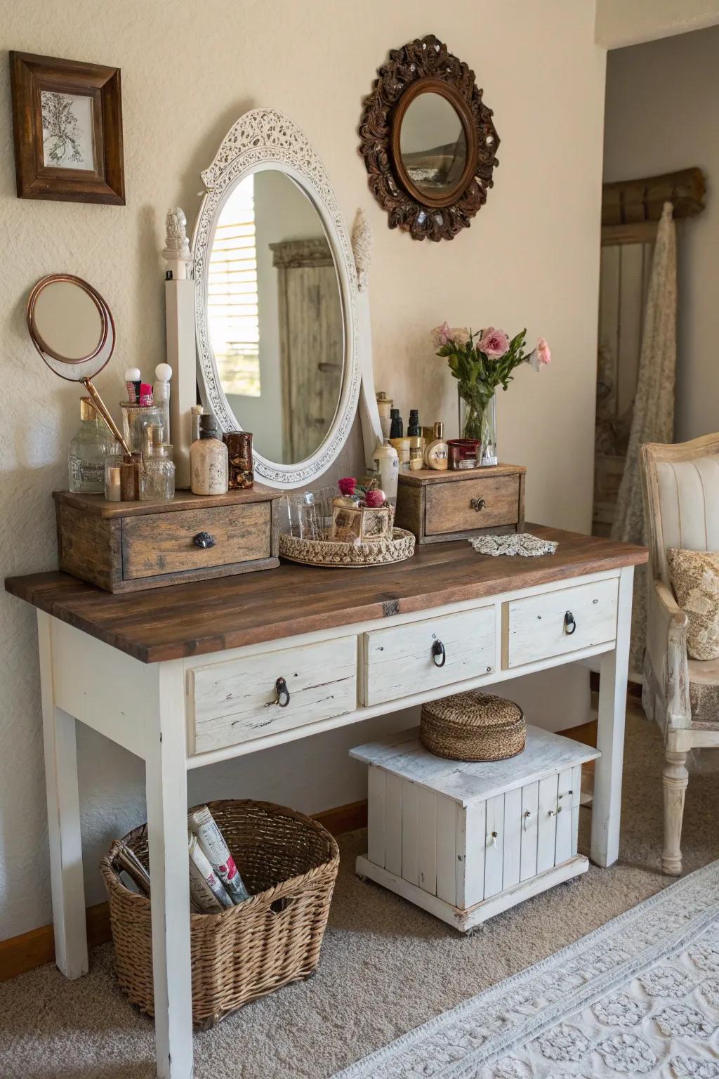 Salvaged wood brings a sense of history and coziness to your vanity.