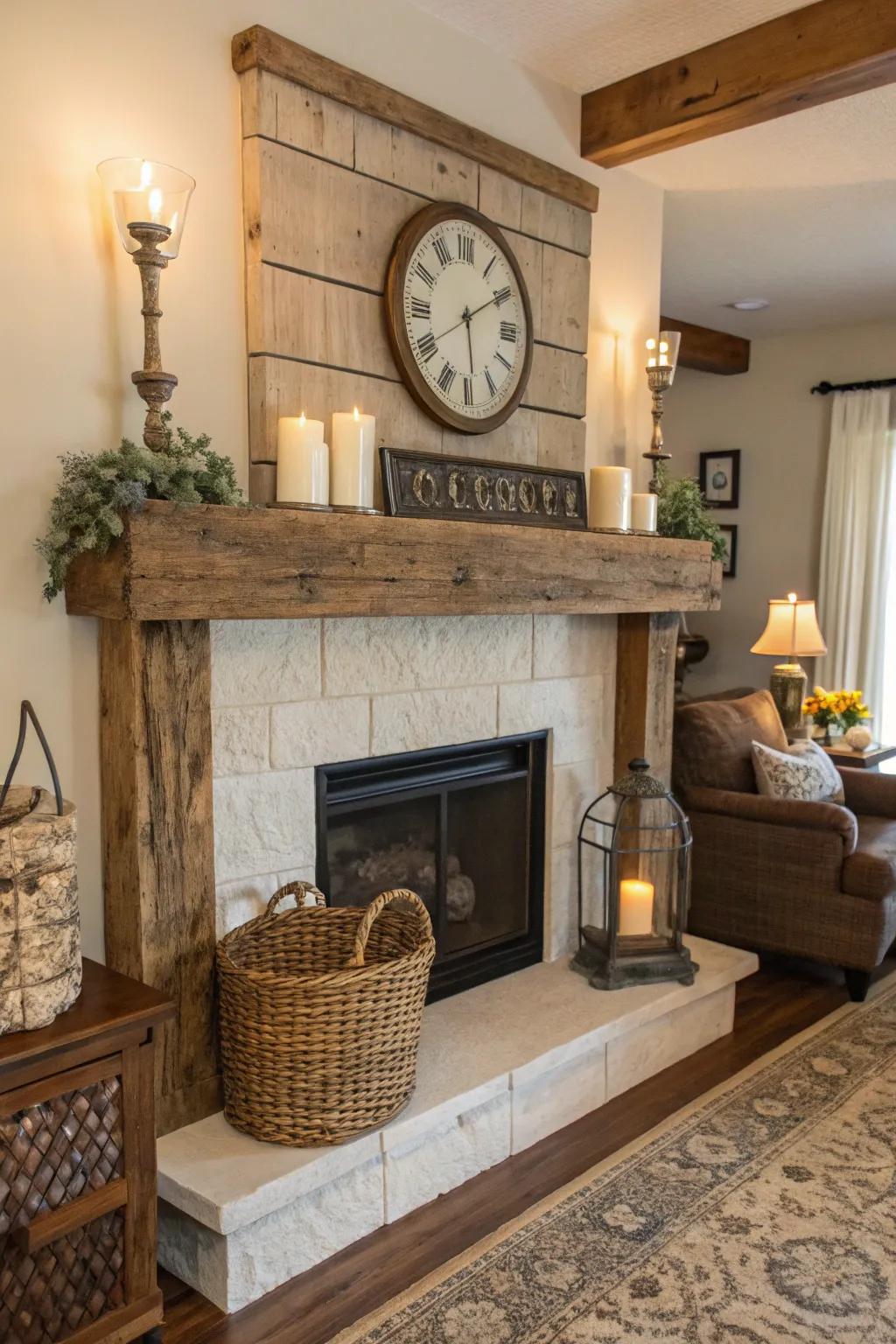 Natural wood beams create a warm, inviting atmosphere for a farmhouse mantel.