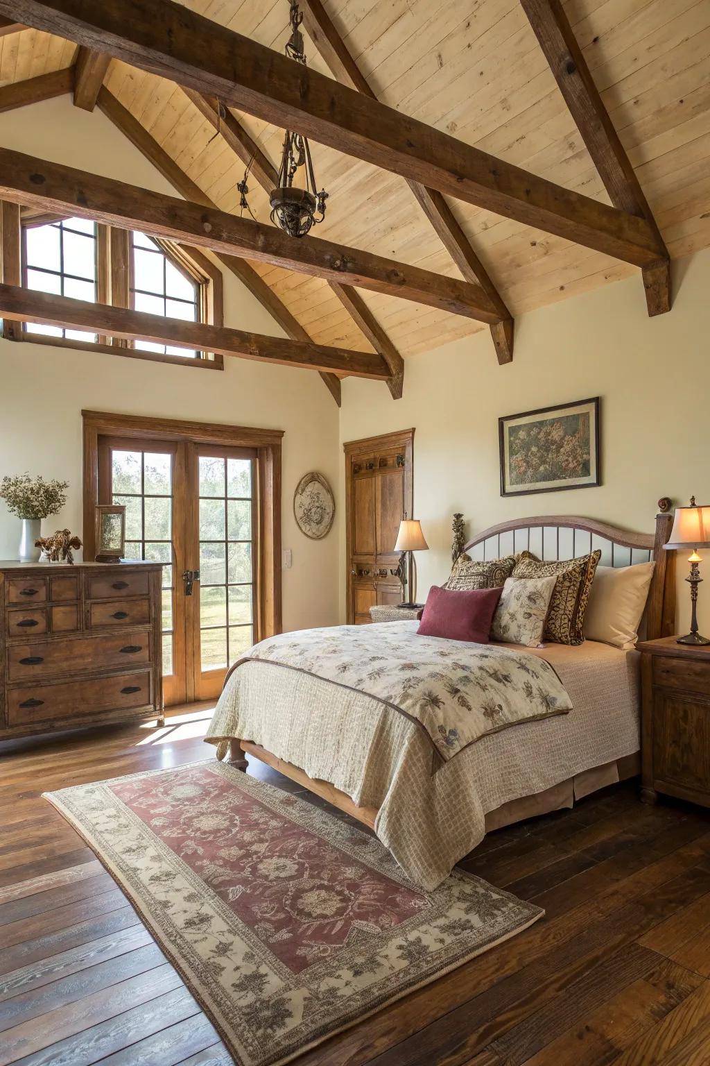 Visible framework gives a cozy feel to this countryside-inspired room.