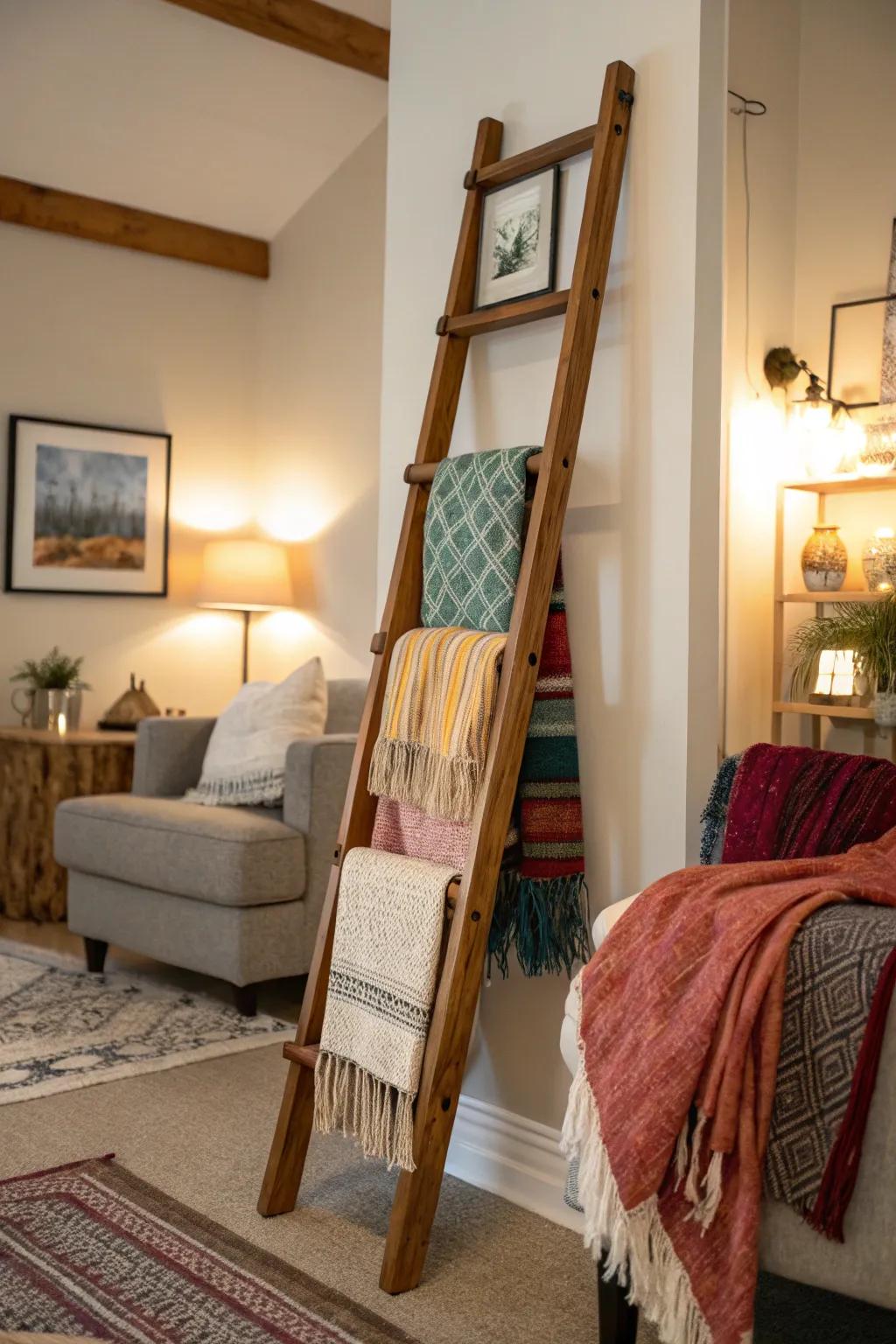 An inviting blanket ladder adds warmth to a farmhouse living area