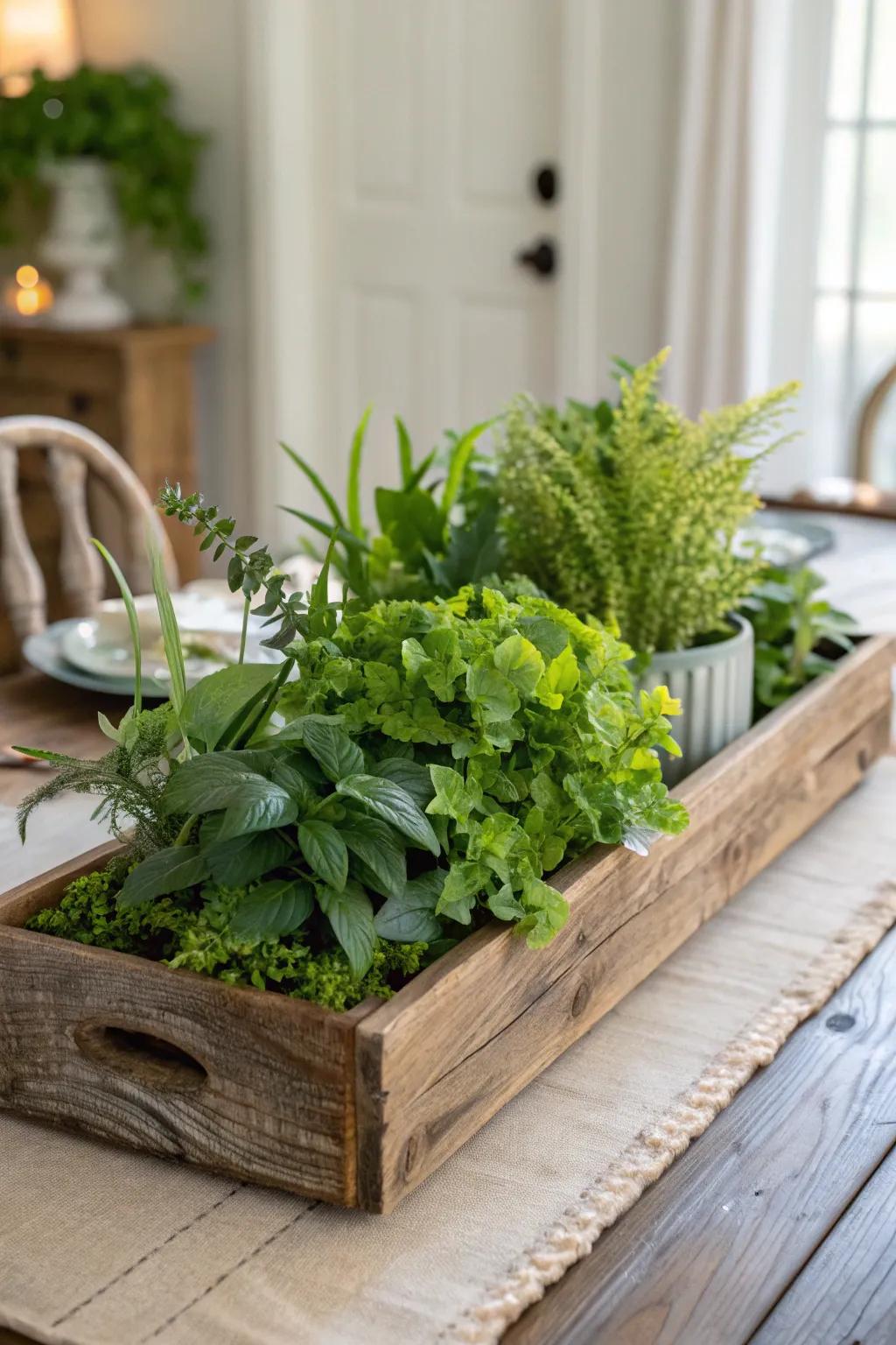 An earthy wooden tray overflowing with lively greenery serves as an inviting centerpiece.