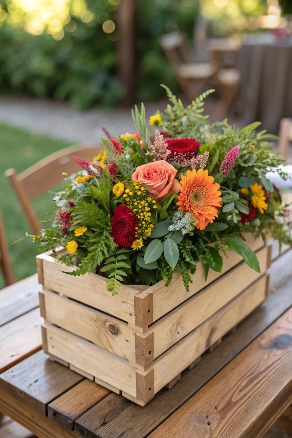 A vibrant botanical showcase featuring a rustic wooden box.