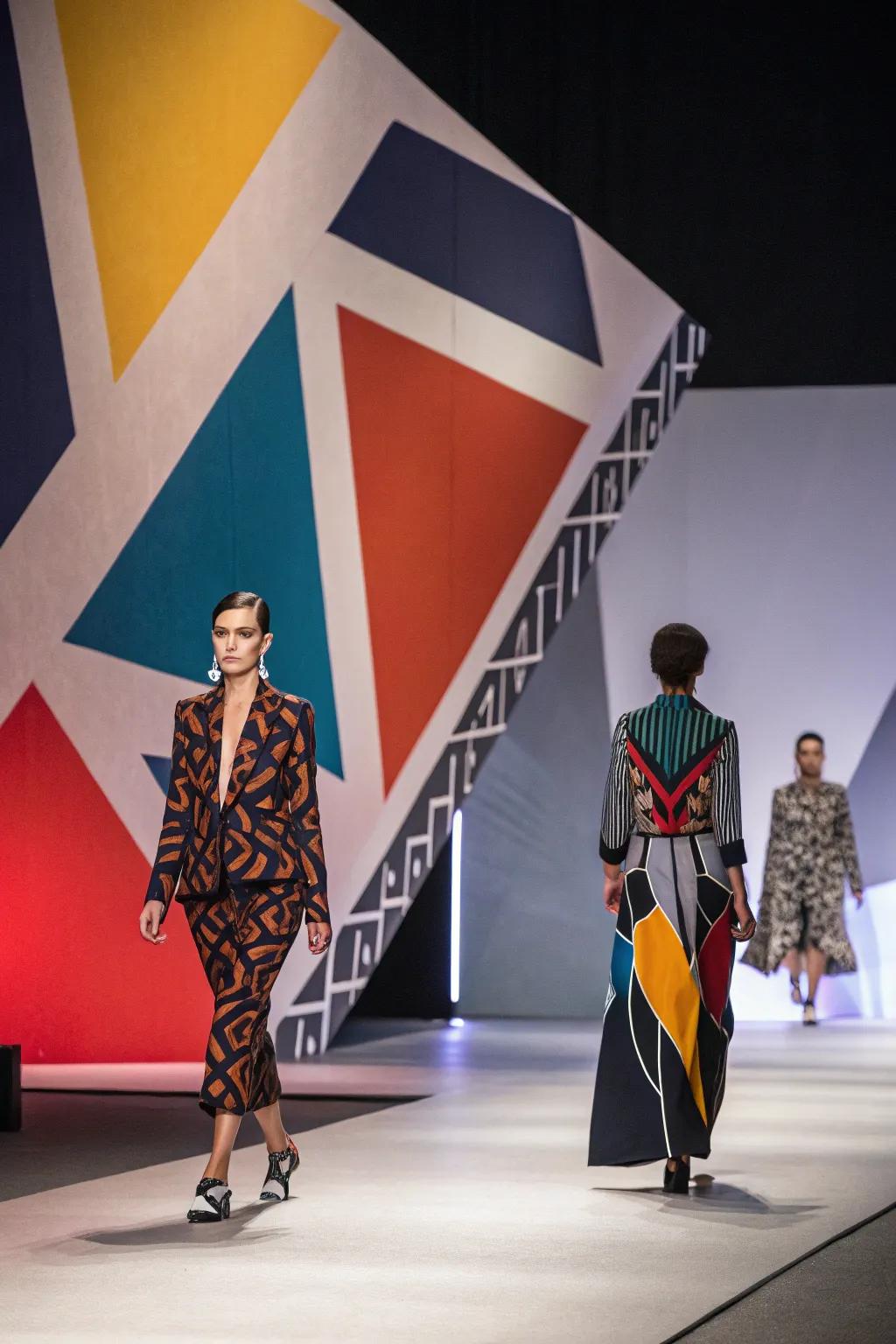 A fashion runway featuring a geometric shape backdrop that enhances the show's theme.