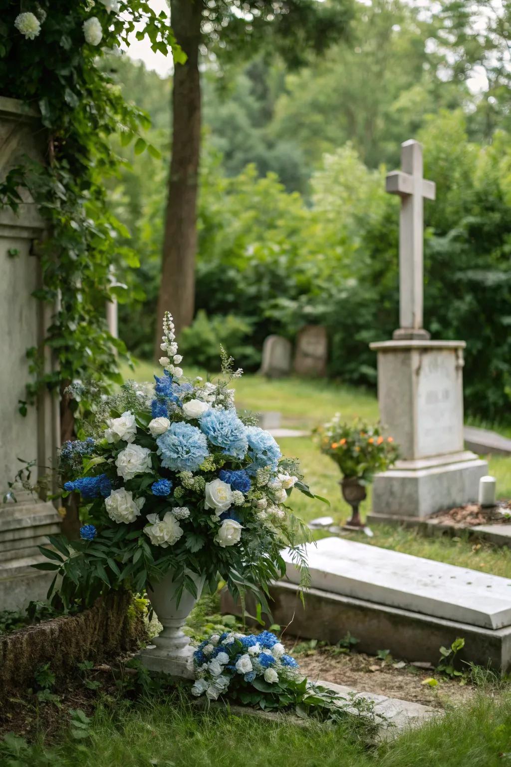 Elegant floral arrangement at a Father's Day memorial.