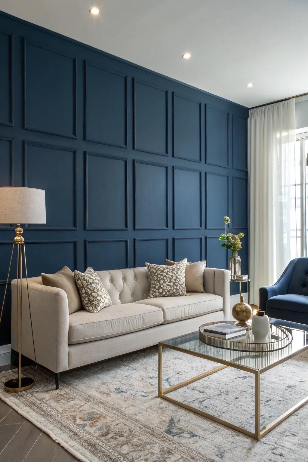 A bold navy blue feature wall creates a striking focal point.