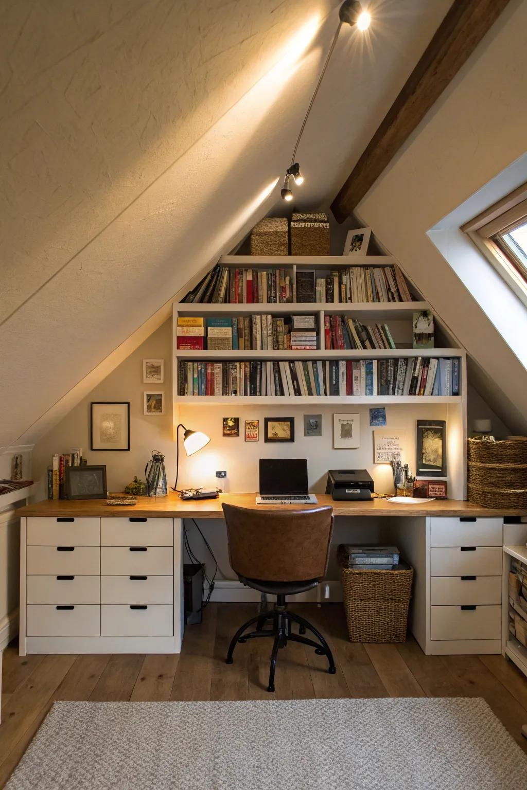 A tranquil attic home office space with thoughtful design elements.