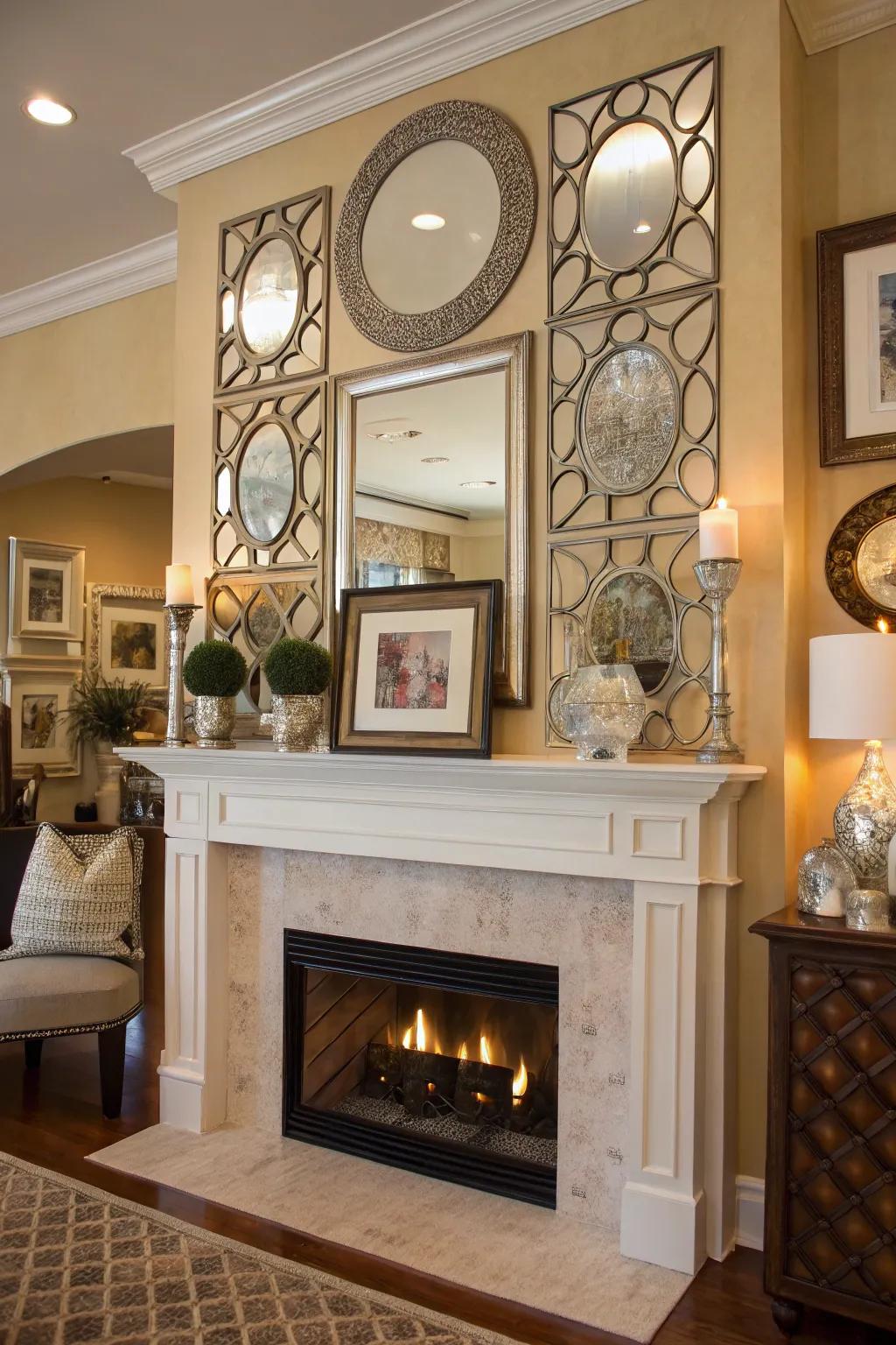 Elegantly layered mirrors and artwork create a focal point above the fireplace.