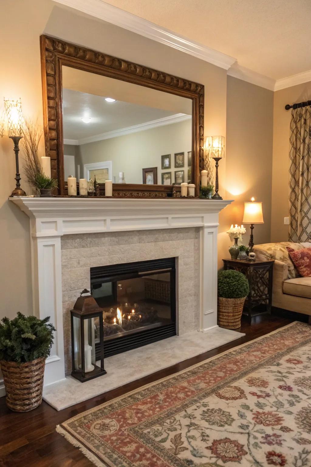 A fireplace mantel adorned with a large mirror for added depth and light