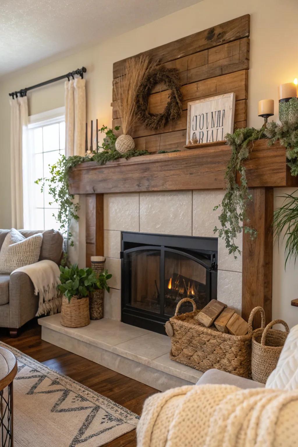 An earthy timber mantel bringing natural warmth to the living room.