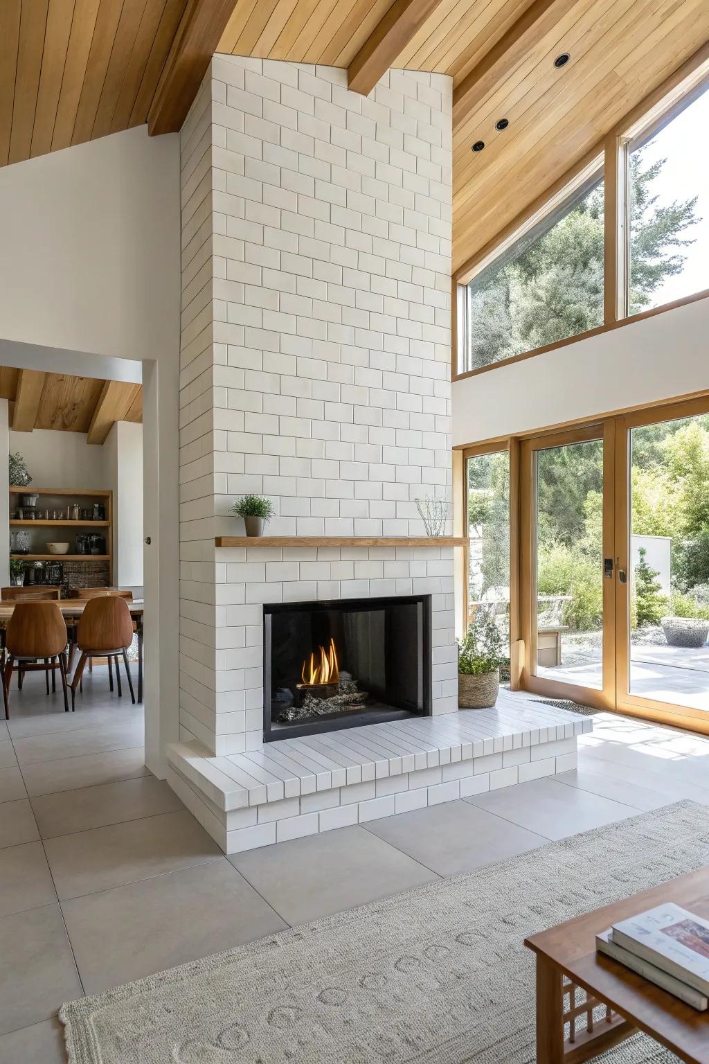 A minimalist fireplace adorned with streamlined ivory cladding in a modern living space.