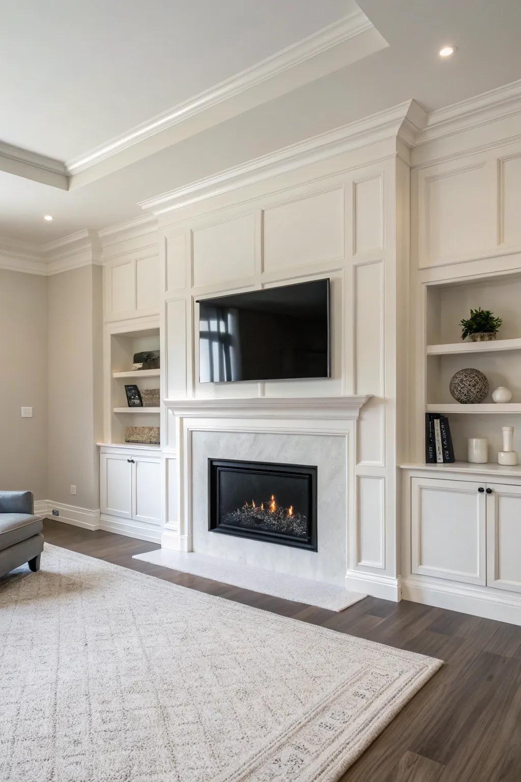A minimalist fireplace wall radiating refinement and simplicity.
