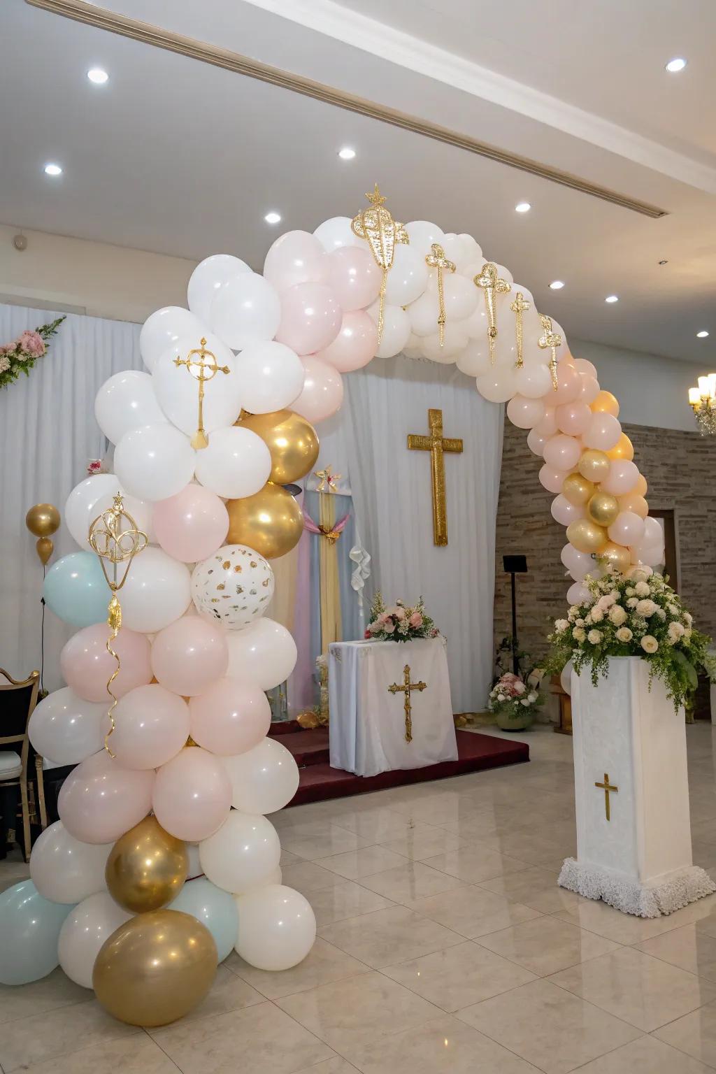 A striking balloon arch, an excellent focal point for a First Holy Communion event.