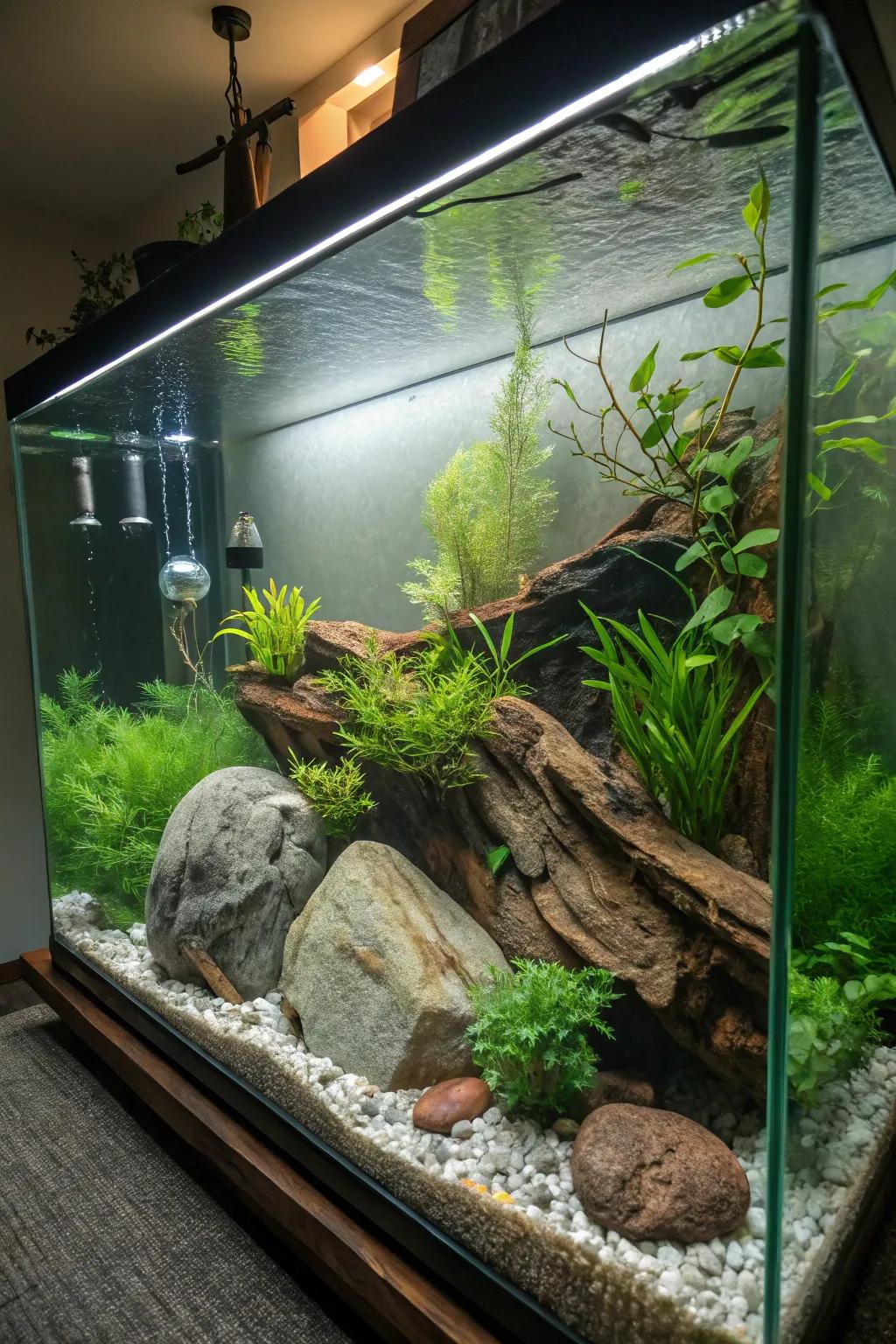 A scene showcasing an aquascape with rich flora and organic components
