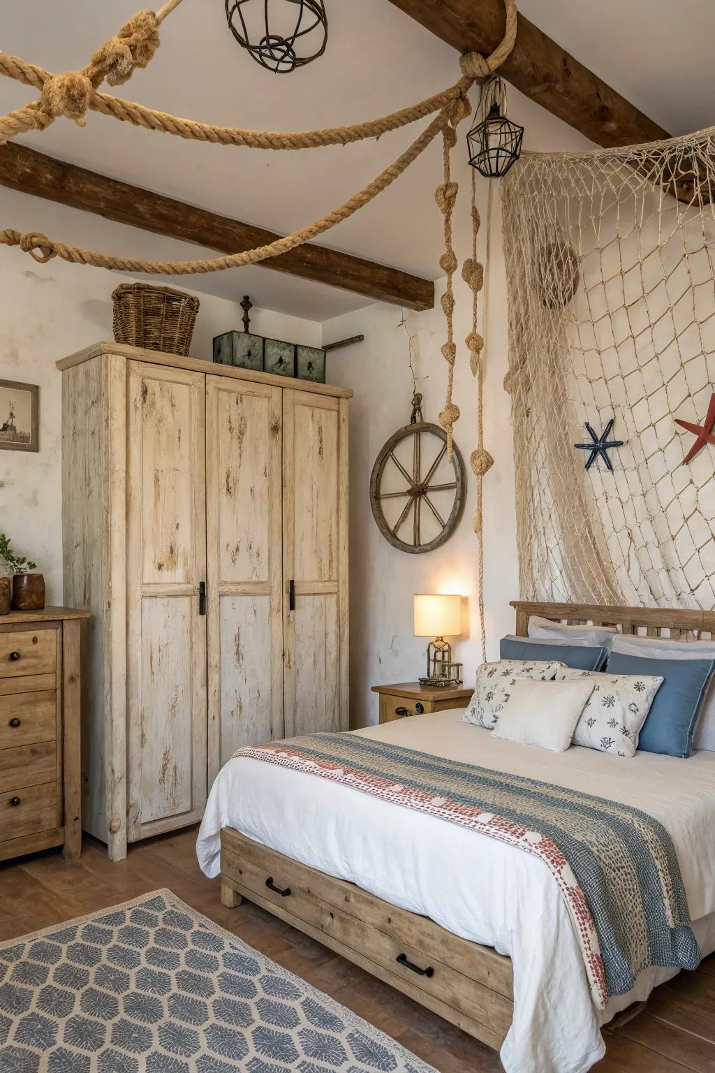 Wood furniture imparts a cozy, rustic ambiance to your fishing-themed bedroom.