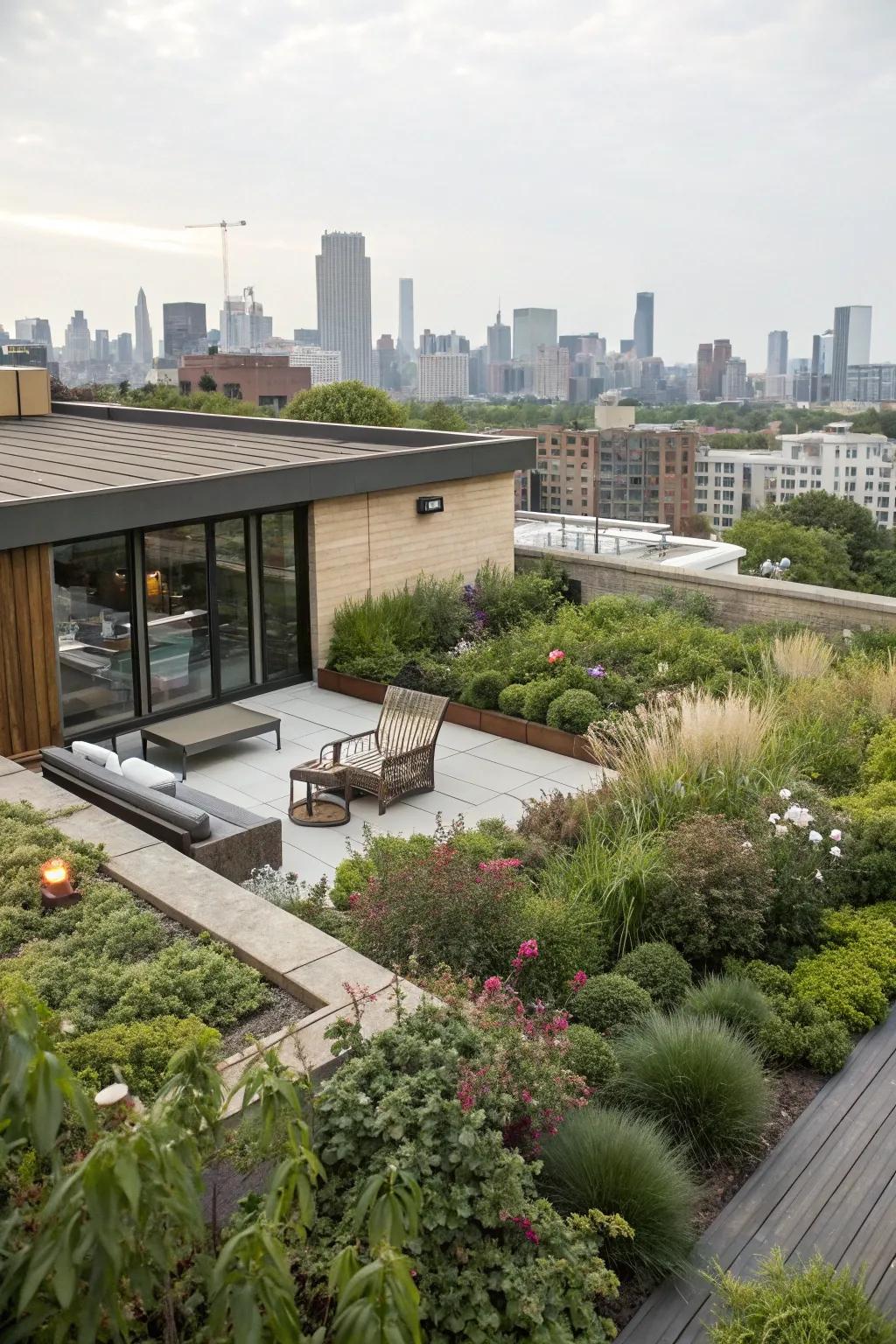 A rooftop garden atop a flat roof garage becomes a tranquil retreat just steps from home.