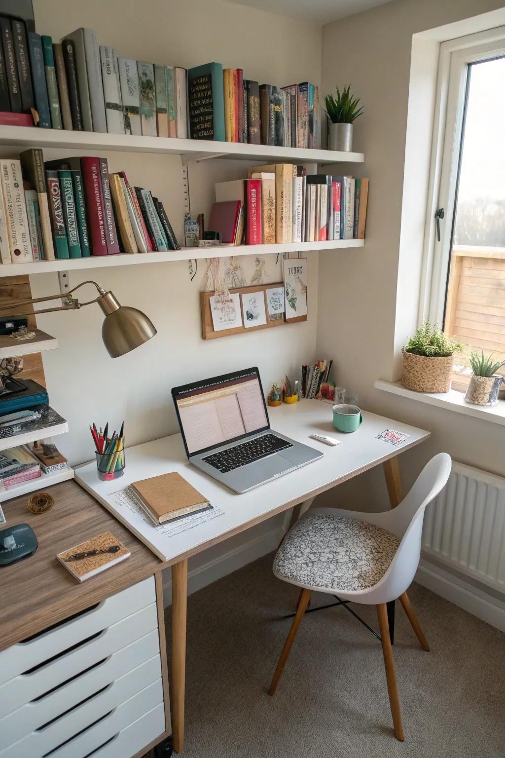 Floating shelves are great for maximizing vertical space in a compact home office.