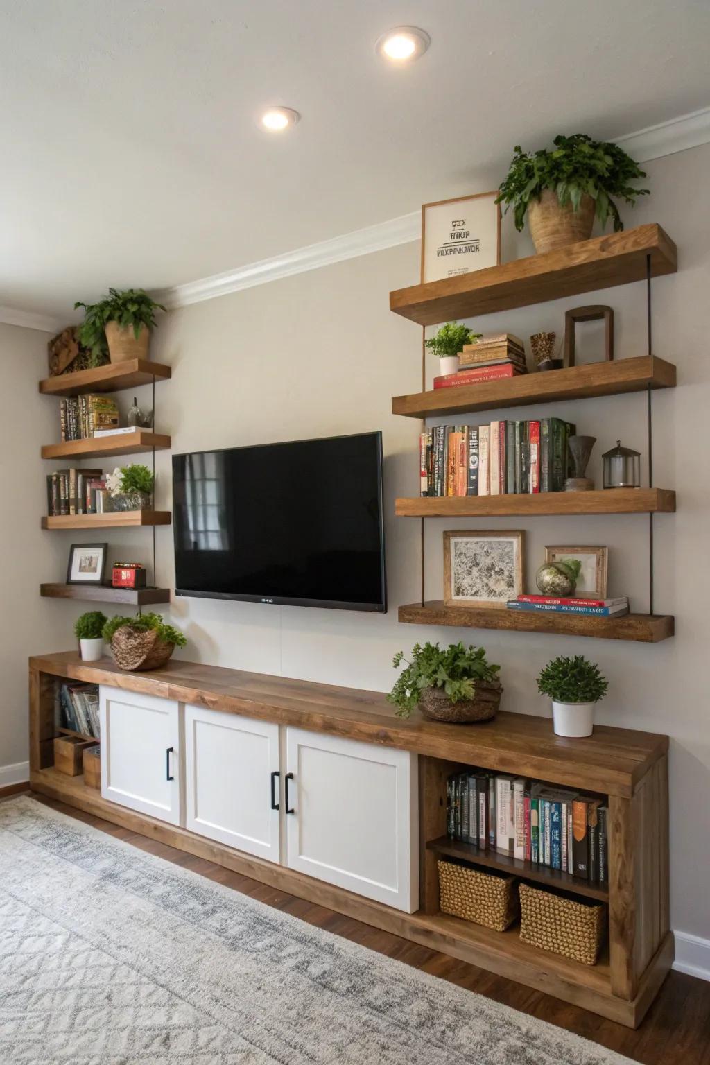 Achieve symmetry with shelves flanking your TV.