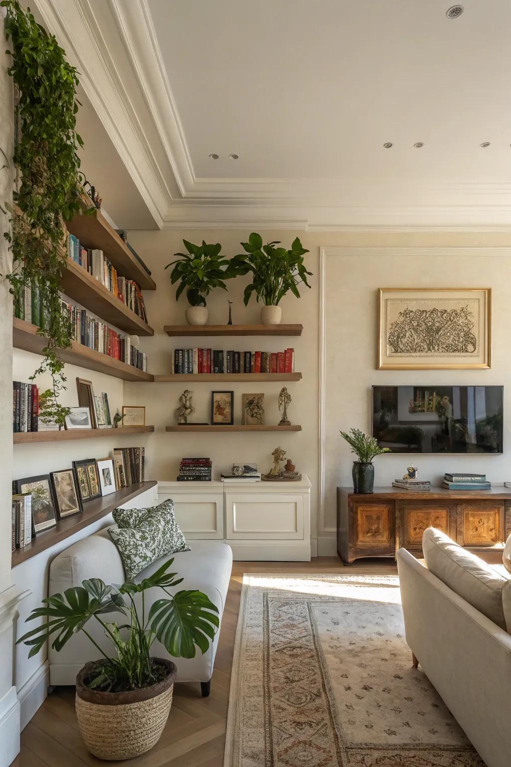 A living room beautifully arranged with floating shelves displaying books and artwork.