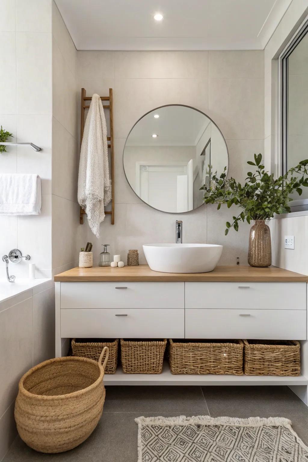 A minimalist bathroom featuring a floating vanity in white and neutral tones.