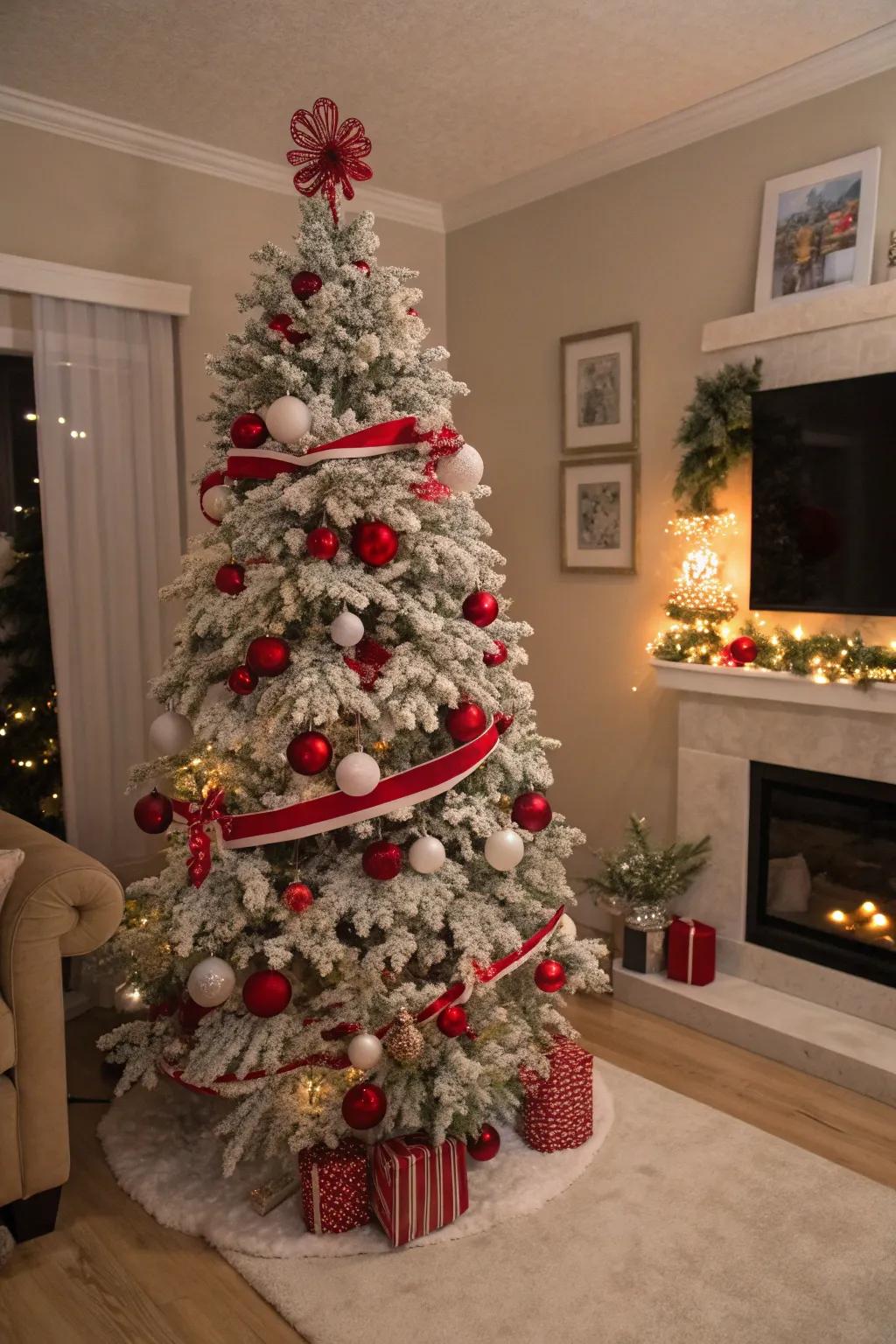 A flocked Christmas tree adorned in classic red and white.