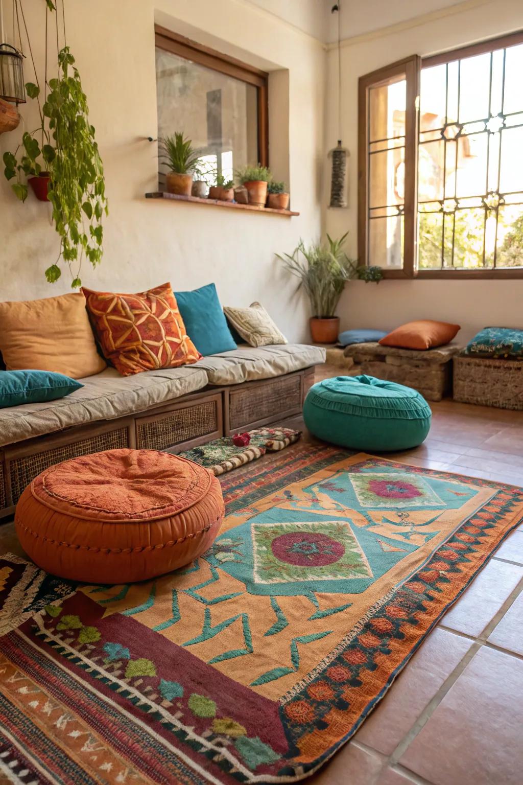 Bohemian-inspired floor seating adds a splash of color and creativity.