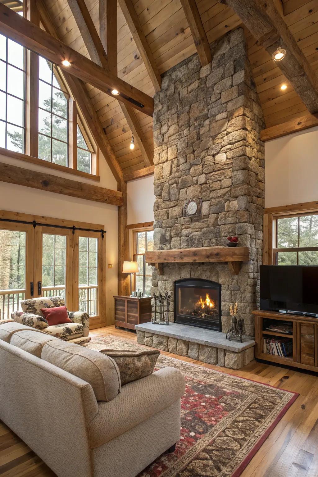 A rustic living room featuring a majestic floor-to-ceiling stone fireplace.