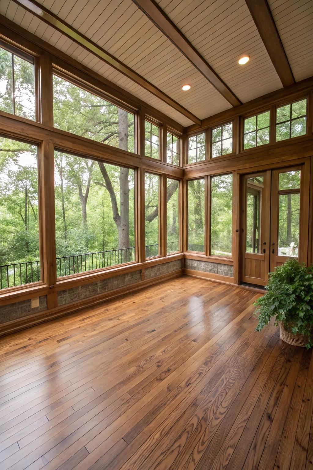 Hardwood flooring lends enduring elegance to this three-season room.