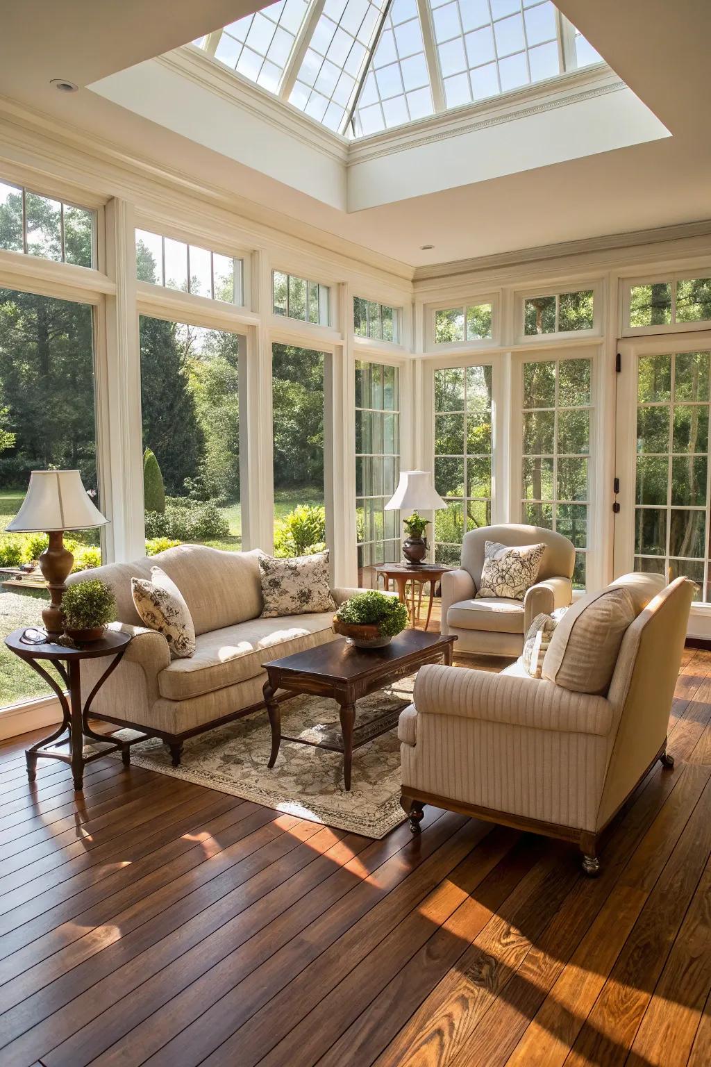 Sunlit retreat showcasing classic hardwood flooring and lush garden panoramas.