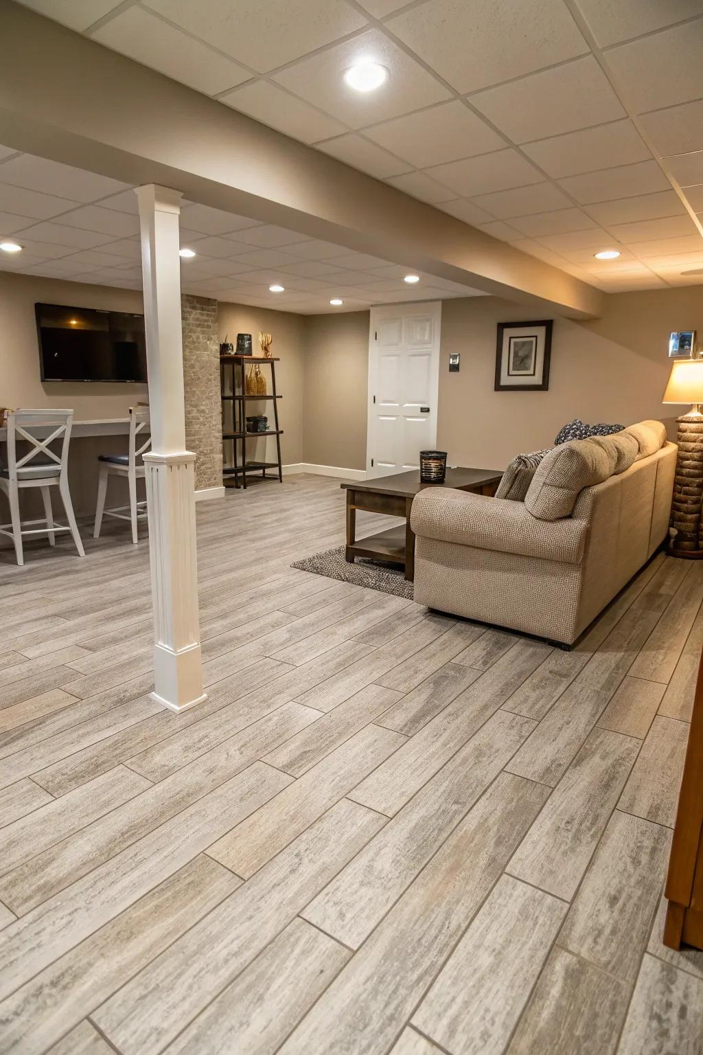 Ashy slate flooring gives any basement space a sleek, updated look.