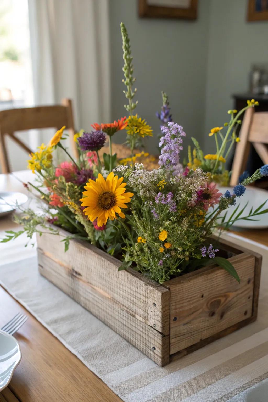 Rustic wildflower centerpiece displayed in a wooden box, infusing country charm into the dining setting.