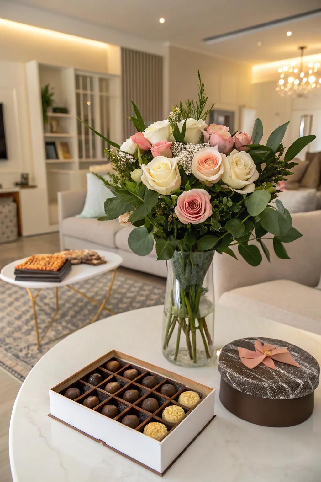 A delightful blend of blooms and chocolates creating the ultimate birthday indulgence.