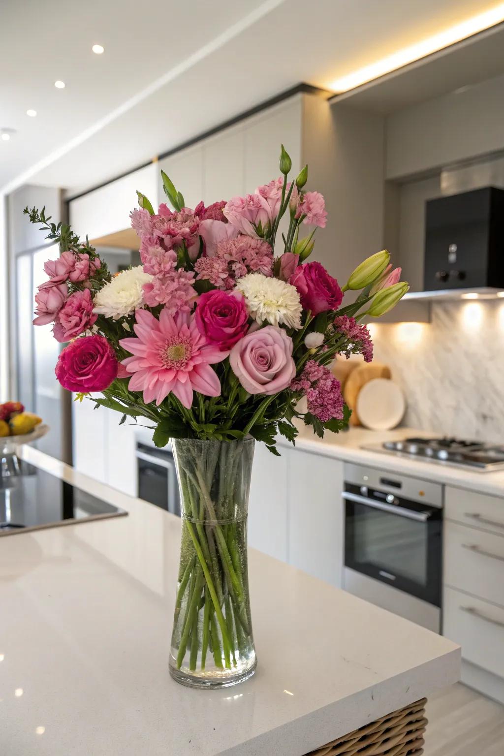 A monochromatic bouquet of pink flowers casting an elegant spell in a kitchen setting.