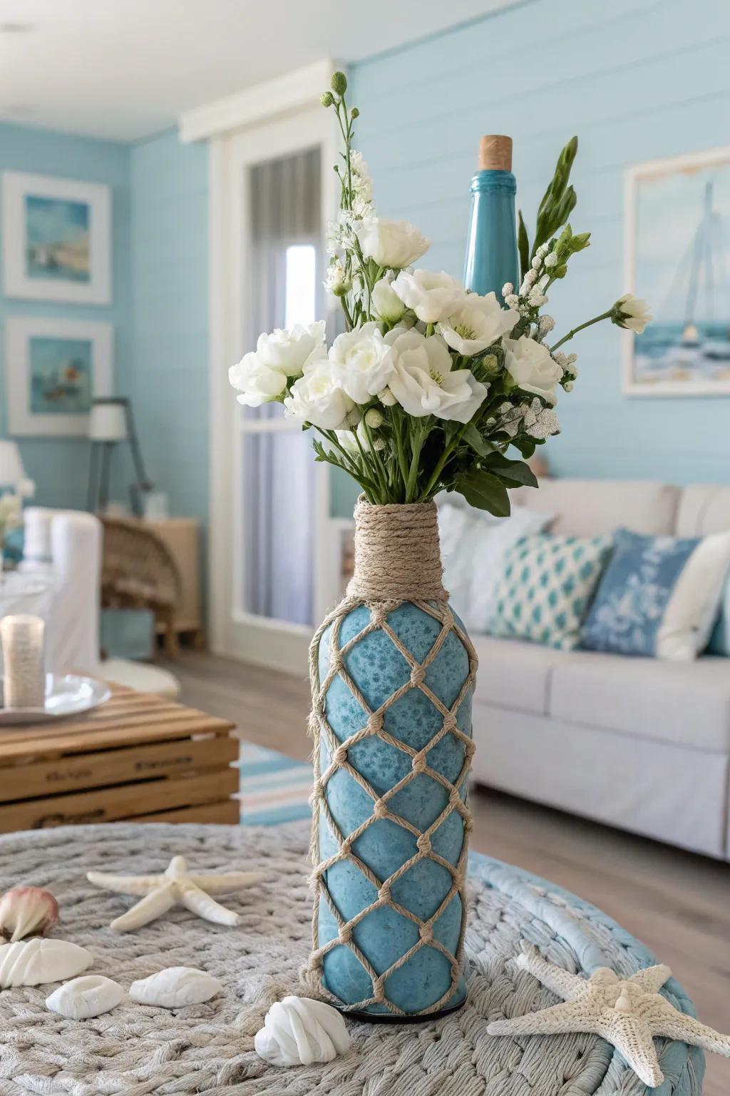 A coastal-inspired wine bottle holder introduces a beachy element to the setting.