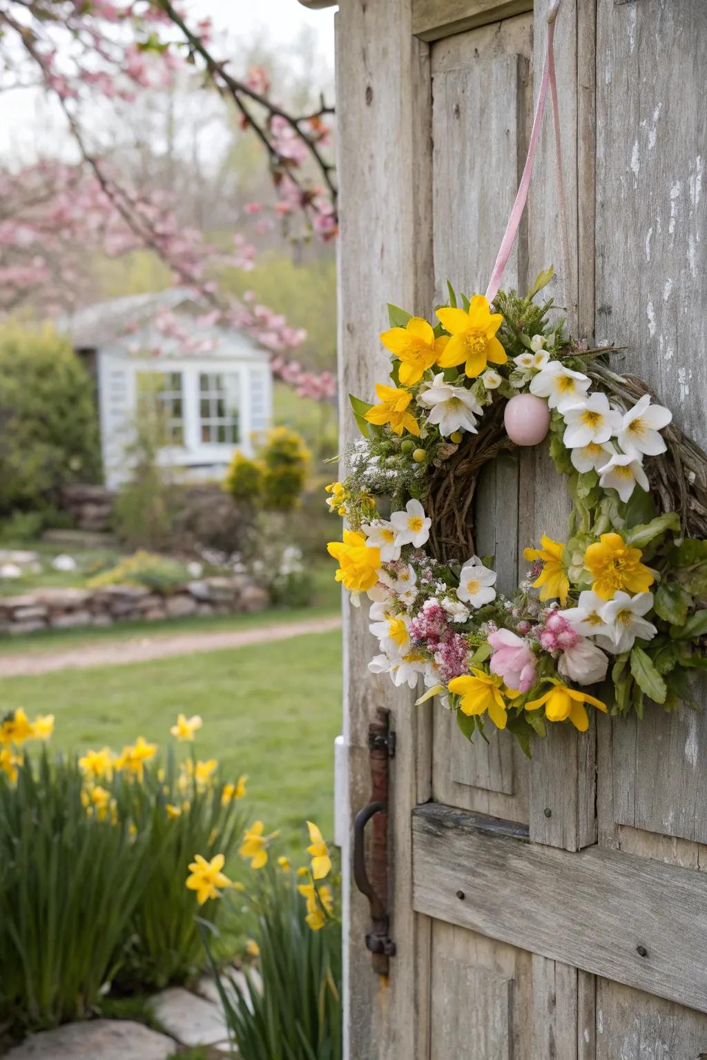 The vernal awakening wreath brings light and warmth to your entrance.