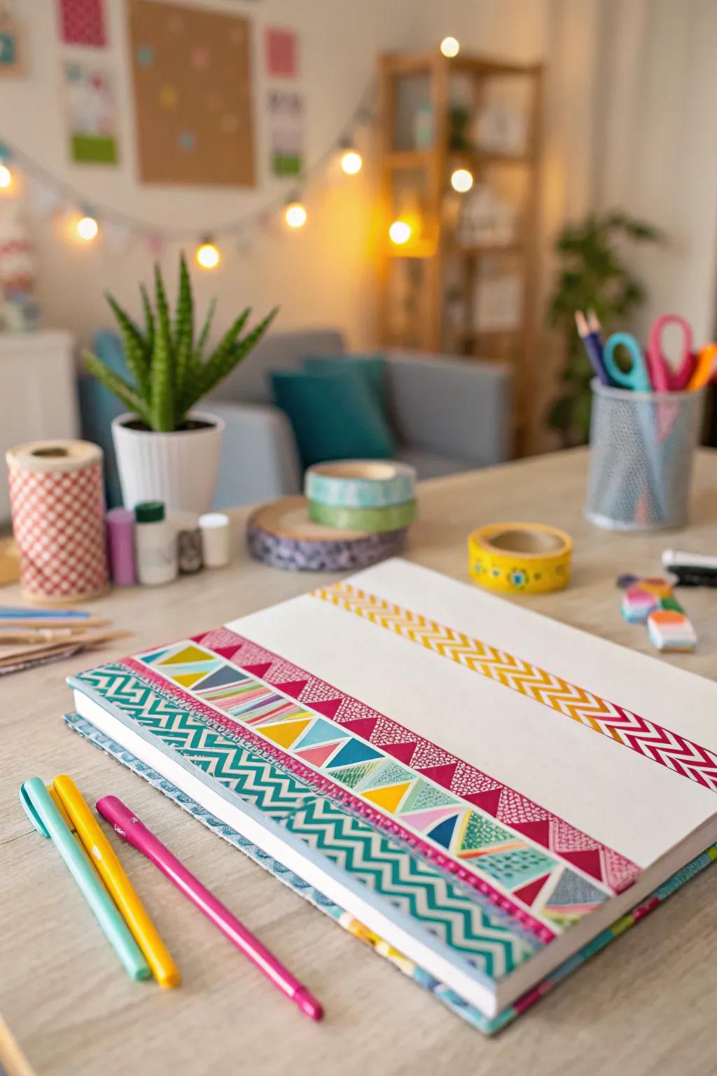 Give those plain folders a playful makeover with colorful adhesive paper strips.