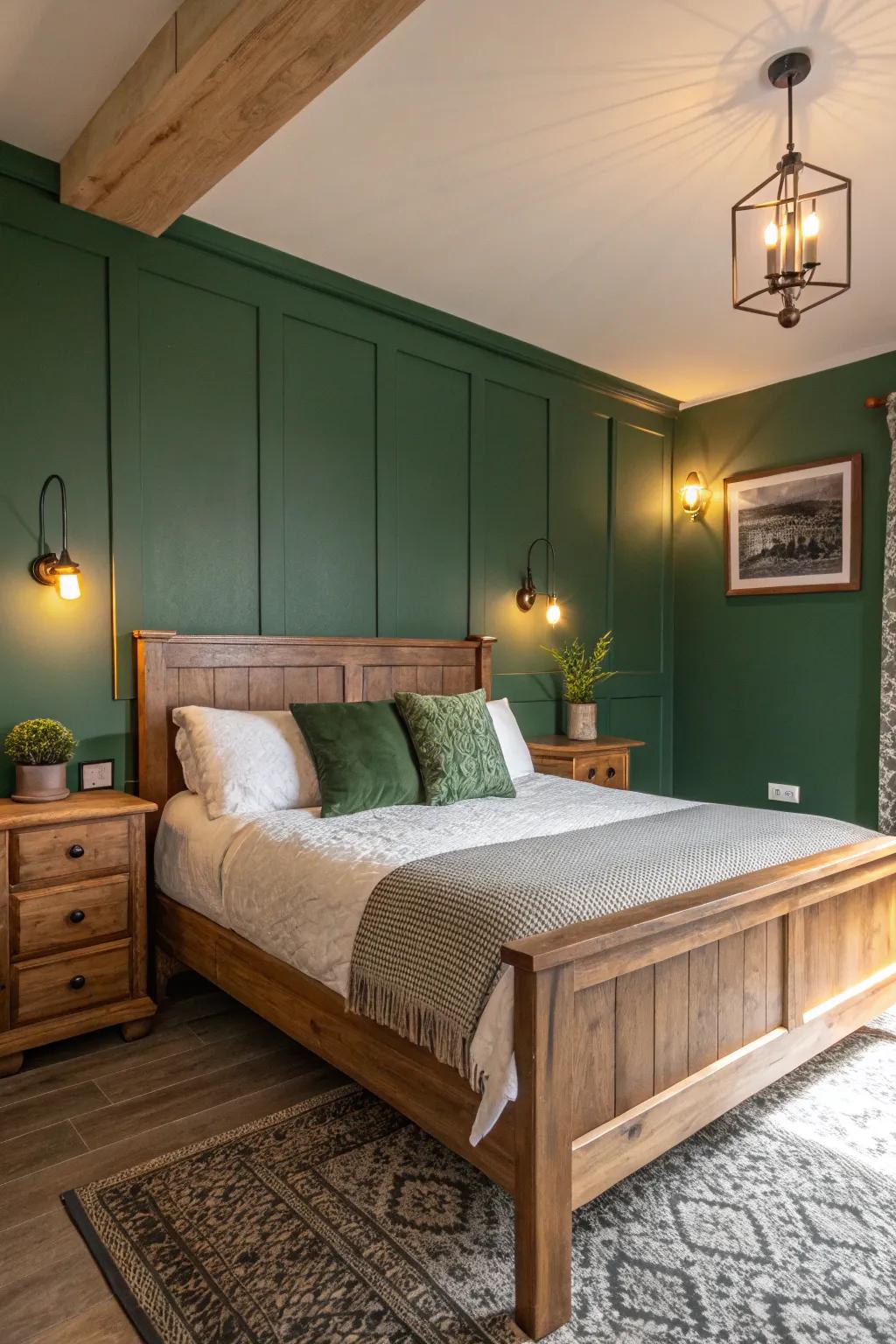A forest green wall enhances the bedroom's depth and visual appeal.