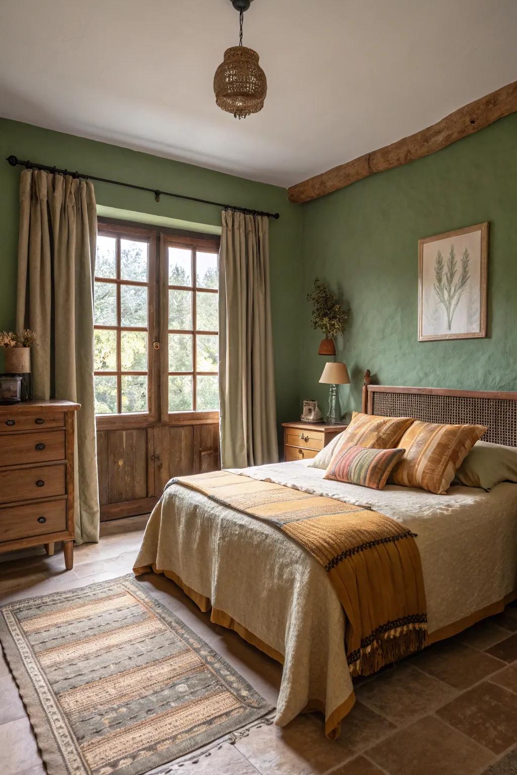 Earthy tones set a calming foundation for a forest-themed bedroom.