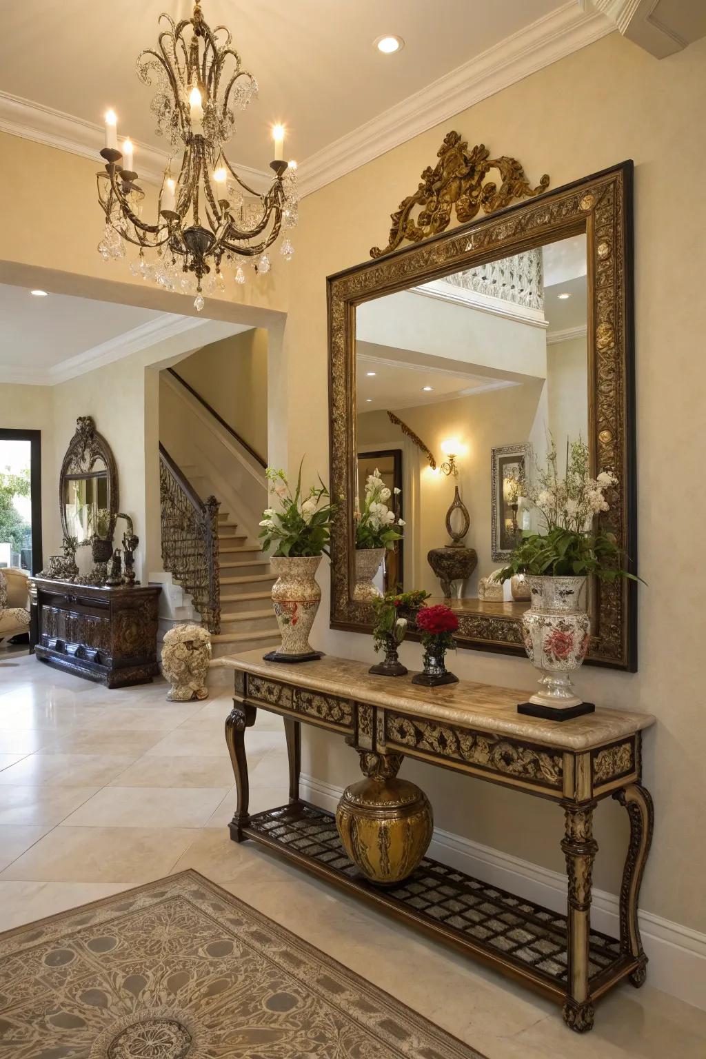 A foyer enhanced with a large mirror, amplifying light and space.