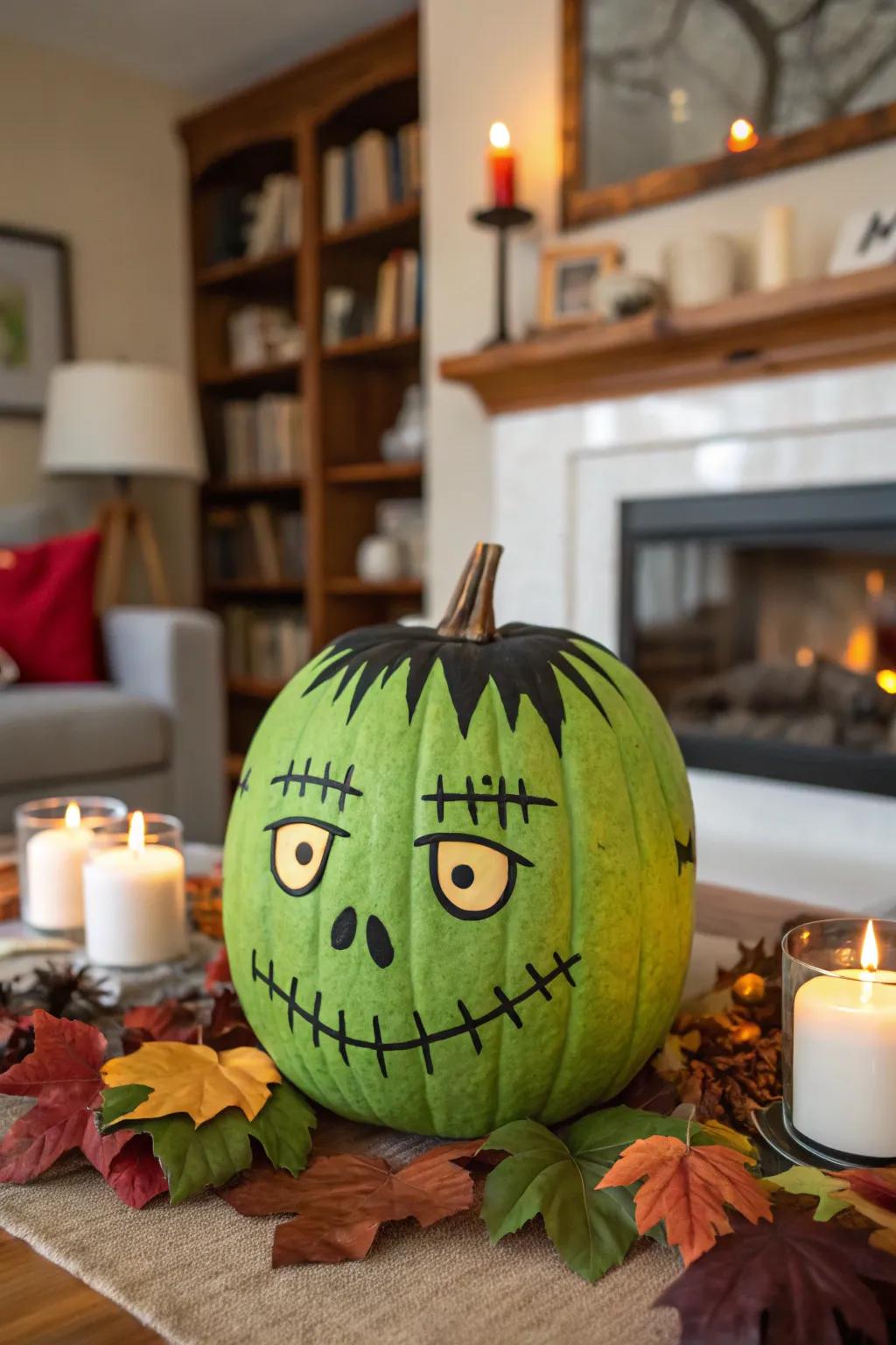 The traditional green Frankenstein pumpkin is a Halloween staple that never goes out of style.