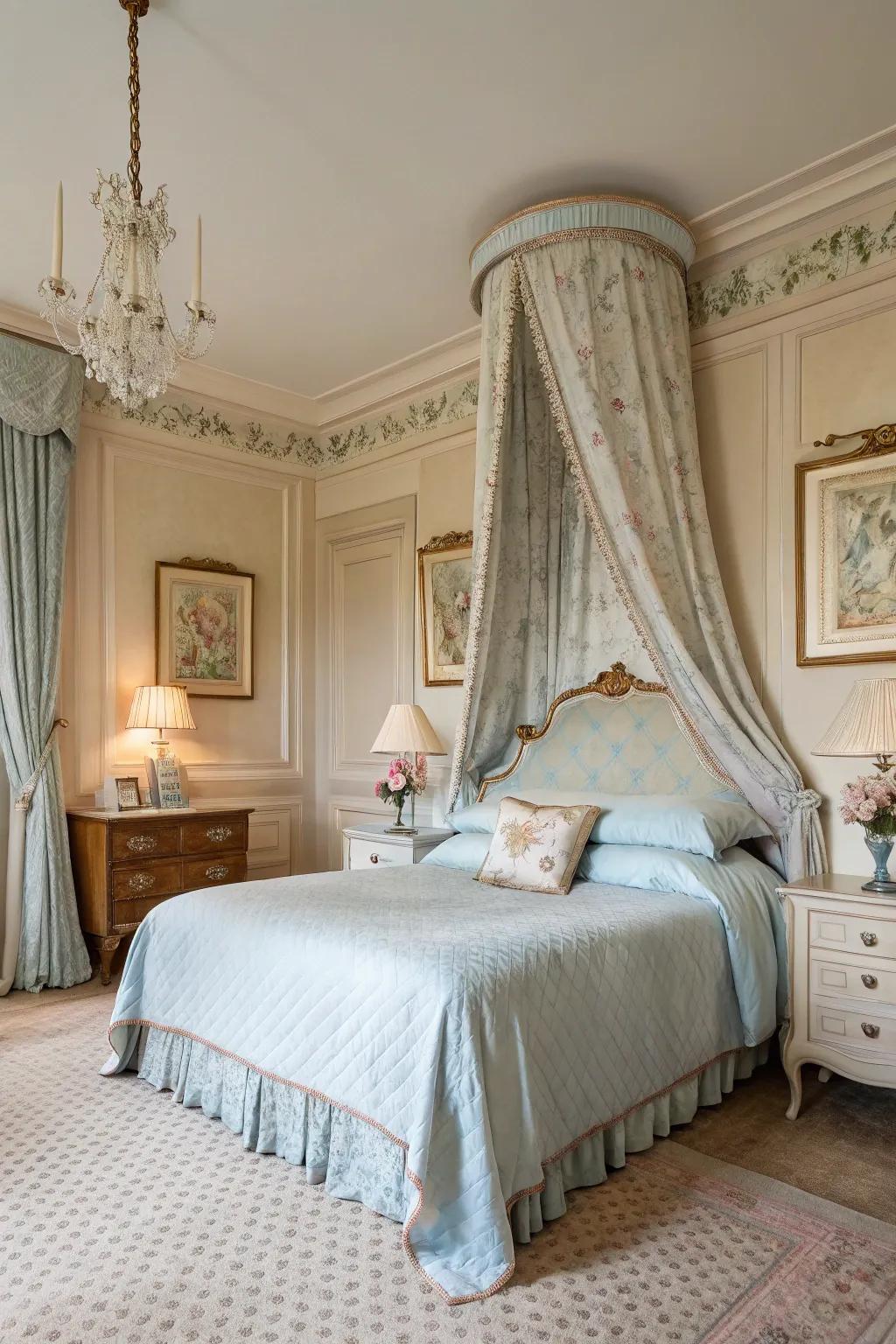 A serene French bedroom showcasing a gentle color palette.